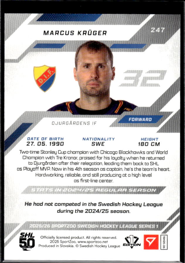 2025-26 SportZoo SHL Series 1 #247 Marcus Kruger Blue