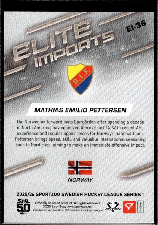 2025-26 SportZoo SHL Series 1 #EI-36 Mathias Pettersen Elite Imports