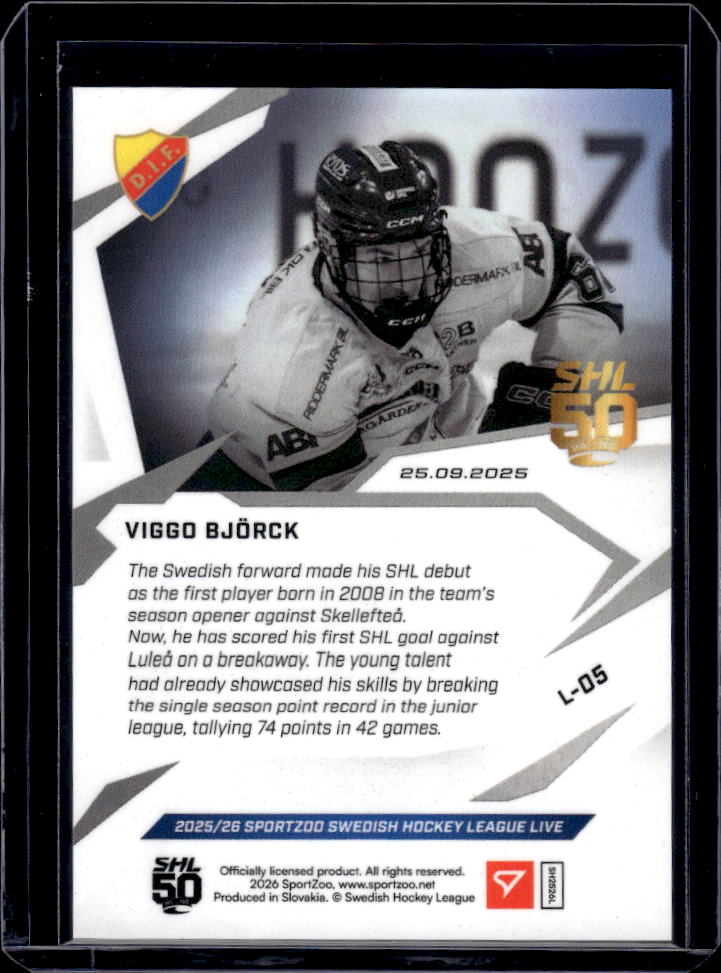 2025-26 SportZoo SHL Live #L-05 Viggo Björck Rookie /324