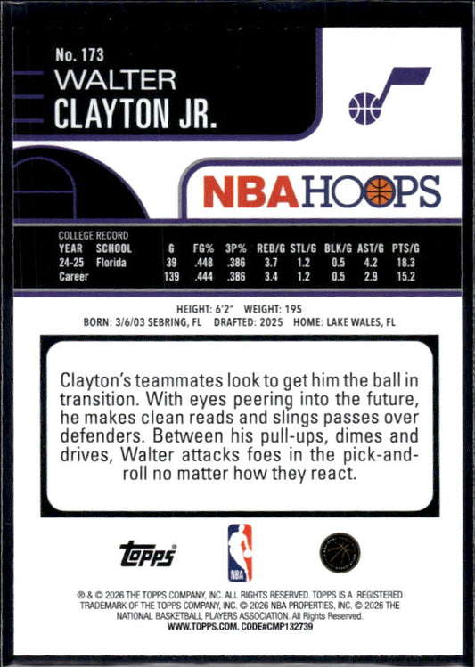2025-26 Hoops #173 Walter Clayton Jr. Base Rookie