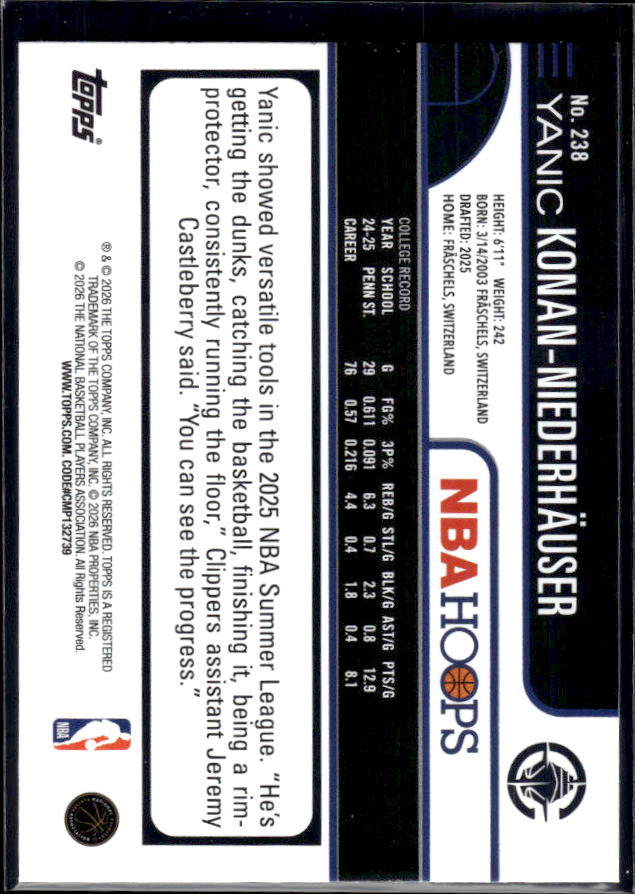 2025-26 Hoops #238 Yanic Konan-Niederhäuser Base – back