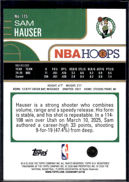 2025-26 Hoops #115 Sam Hauser Base – back