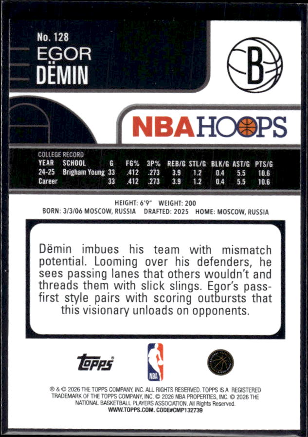 2025-26 Hoops #128 Egor Dёmin Base – back