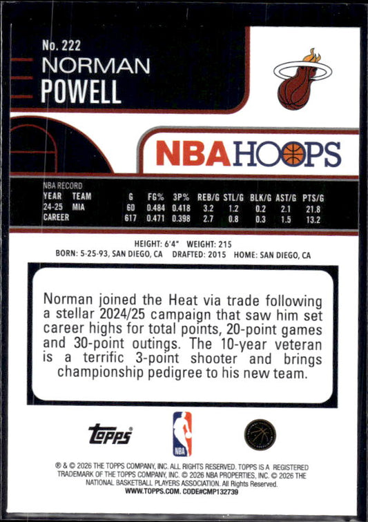 2025-26 Hoops #222 Norman Powell Base – back