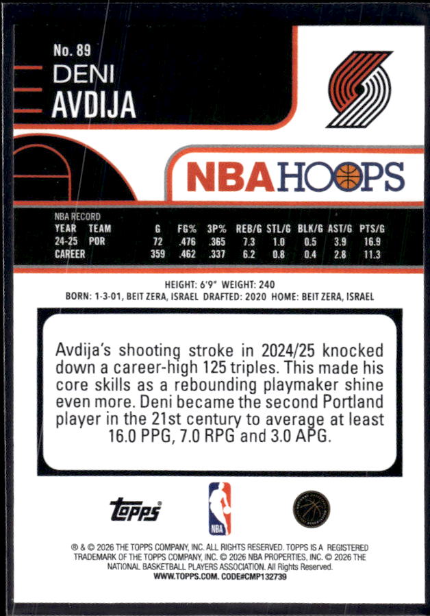 2025-26 Hoops #89 Deni Avdija Base – back