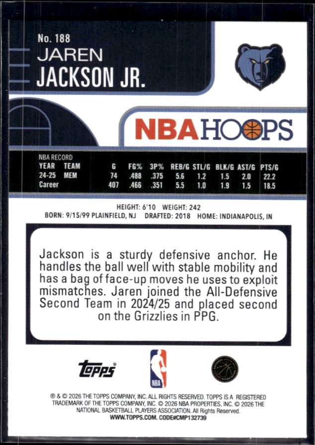 2025-26 Hoops #188 Jaren Jackson Jr. Base – back