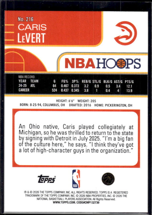 2025-26 Hoops #216 Caris LeVert Base – back