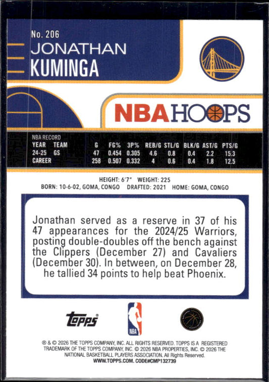 2025-26 Hoops #206 Jonathan Kuminga Base – back