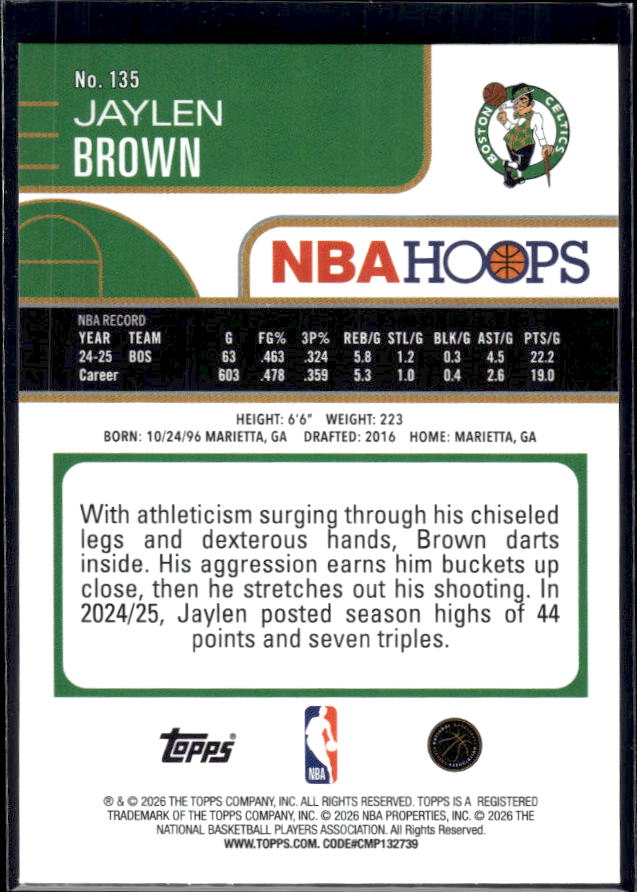 2025-26 Hoops #135 Jaylen Brown Base – back