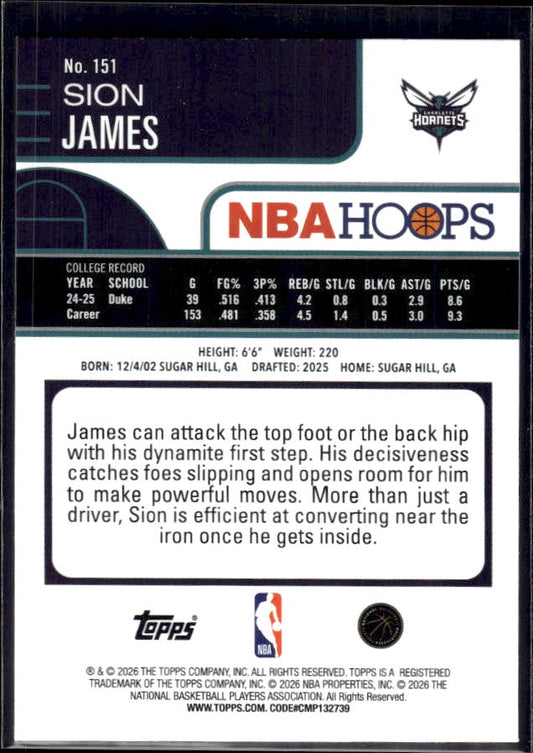 2025-26 Hoops #151 Sion James Base – back