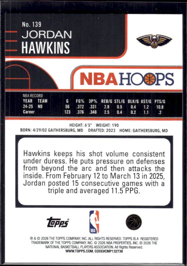 2025-26 Hoops #139 Jordan Hawkins Base – back