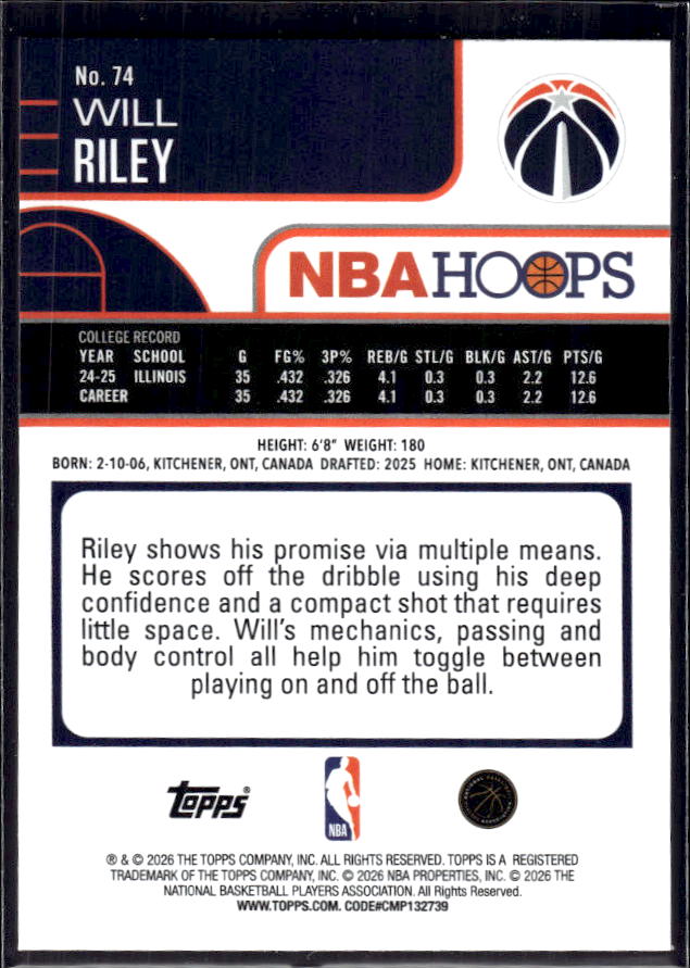 2025-26 Hoops #74 Will Riley Base – back