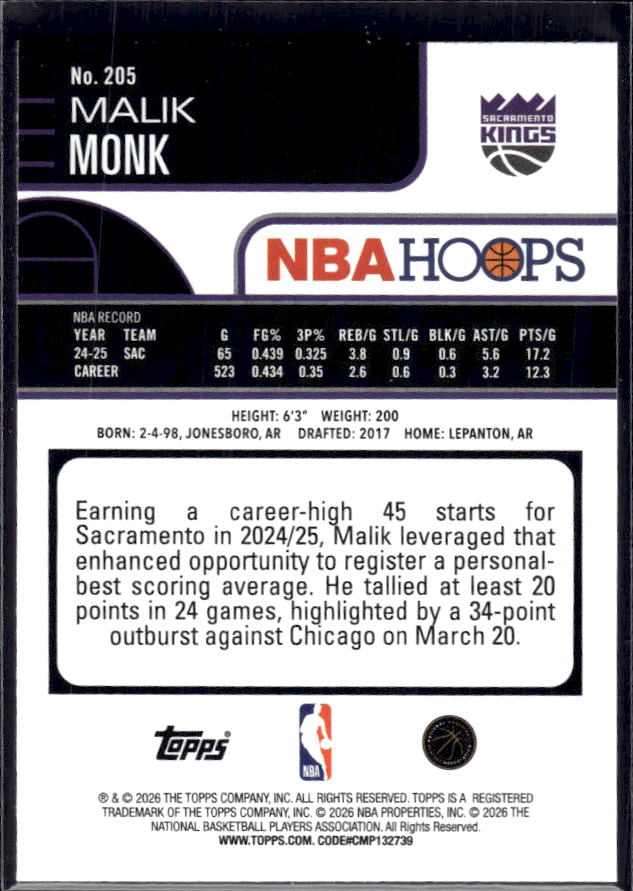 2025-26 Hoops #205 Malik Monk Base – back