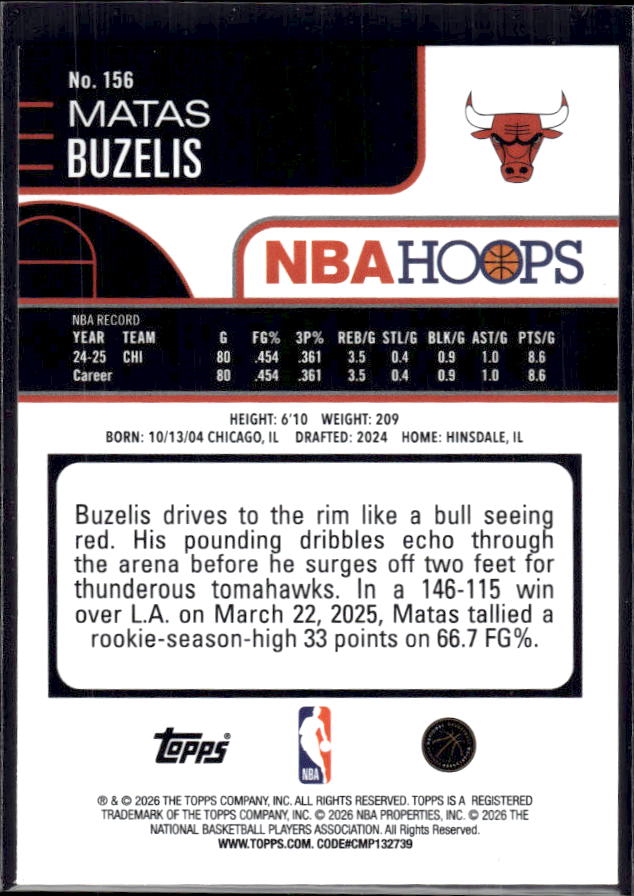 2025-26 Hoops #156 Matas Buzelis Base – back