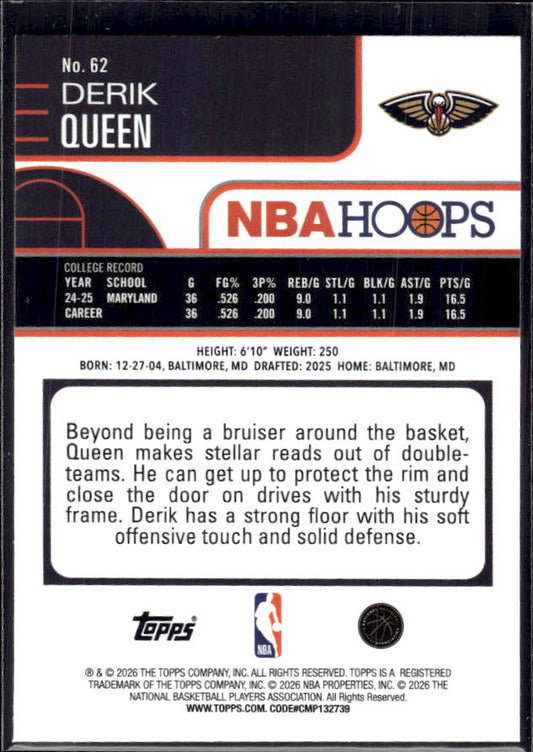 2025-26 Hoops #62 Derik Queen Base – back