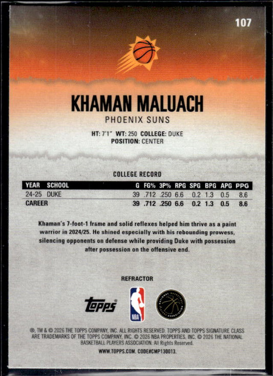 2025-26 Topps Signature Class #107 Khaman Maluach Chrome Pandora Refractors - baksida