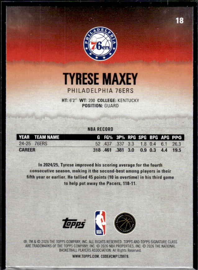 2025-26 Topps Signature Class #18 Tyrese Maxey - baksida