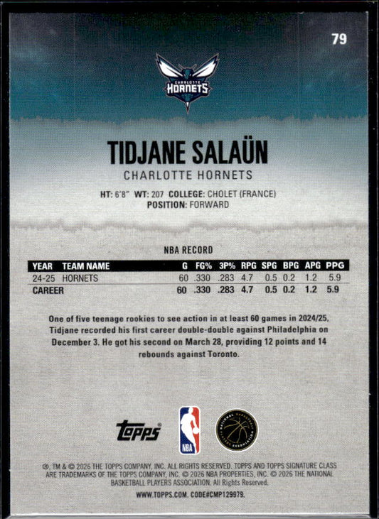 2025-26 Topps Signature Class #79 Tidjane Salaün - baksida