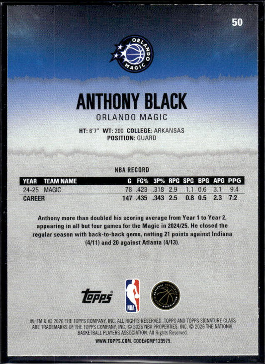 2025-26 Topps Signature Class #50 Anthony Black - baksida