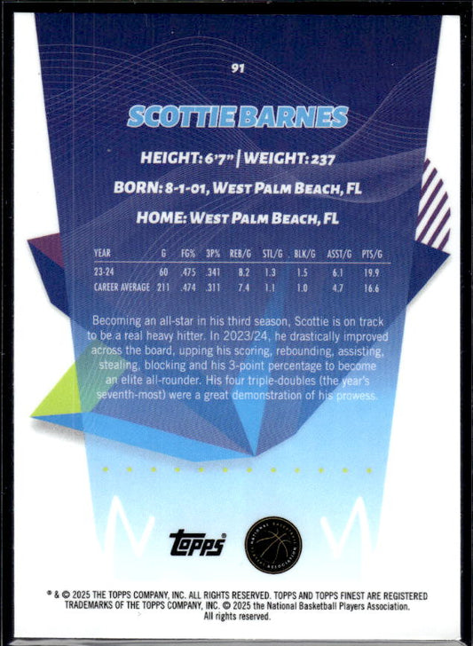 2024-25 Finest #91 Scottie Barnes - baksida