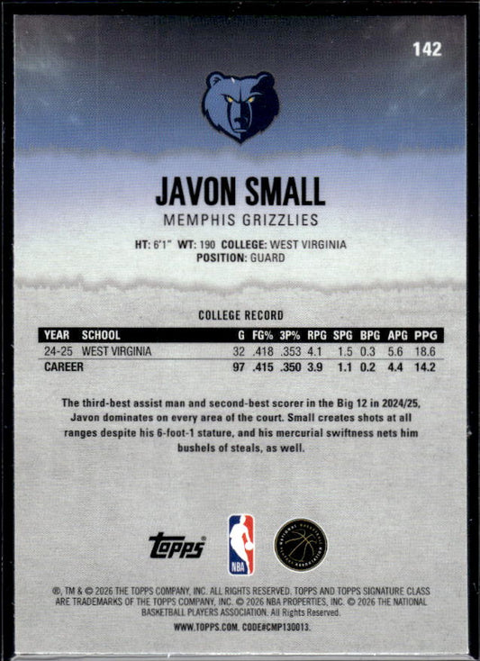 2025-26 Topps Signature Class #142 Javon Small Chrome Refractors - baksida