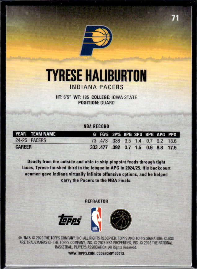 2025-26 Topps Signature Class #71 Tyrese Haliburton Chrome Refractors - baksida