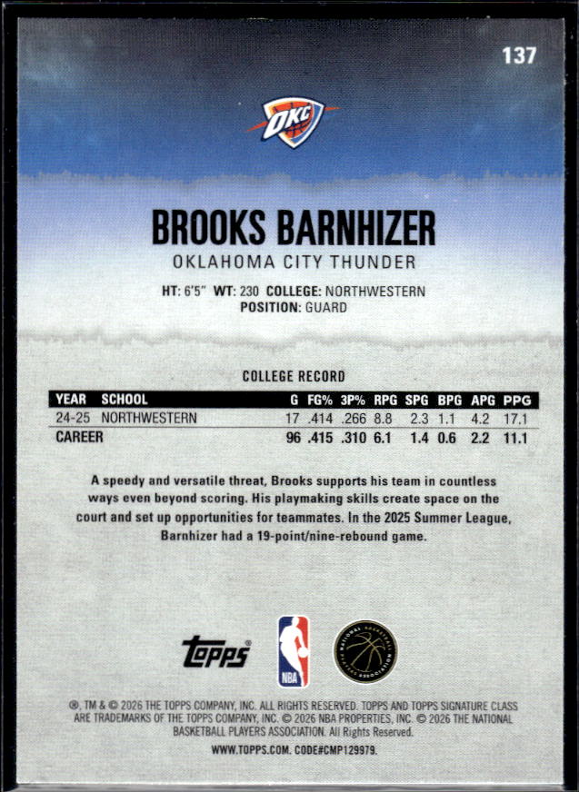 2025-26 Topps Signature Class #137 Brooks Barnhizer - baksida