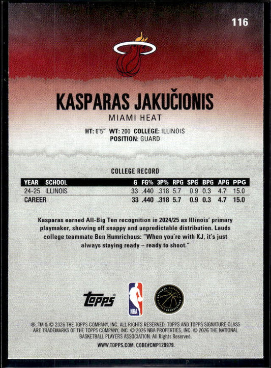 2025-26 Topps Signature Class #116 Kasparas Jakučionis - baksida