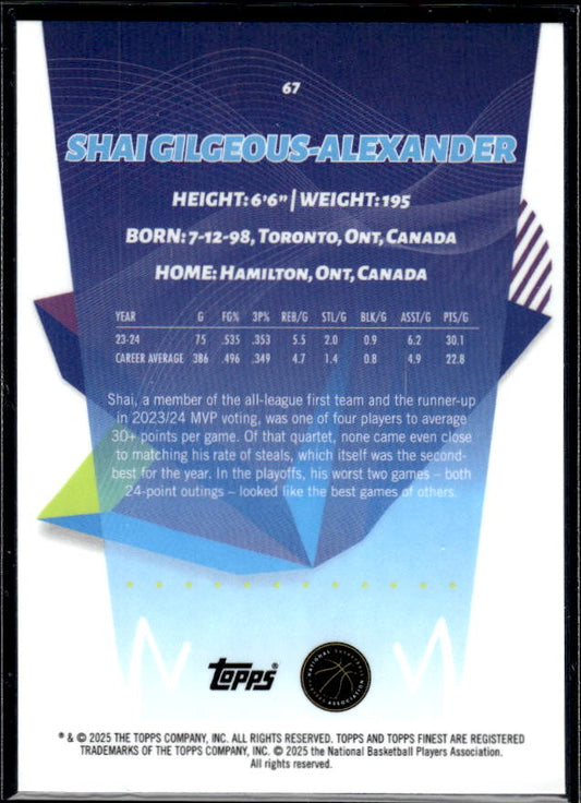 2024-25 Finest #67 Shai Gilgeous-Alexander Sky Blue Refractor - baksida