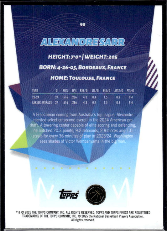 2024-25 Finest #98 Alexandre Sarr - baksida