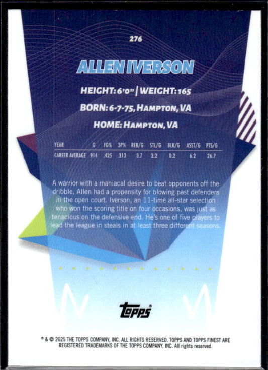 2024-25 Finest #276 Allen Iverson Sky Blue Refractor - baksida