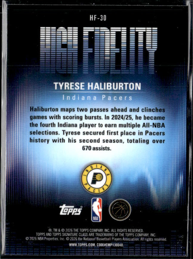 2025-26 Topps Signature Class #HF-30 Tyrese Haliburton High Fidelity - baksida