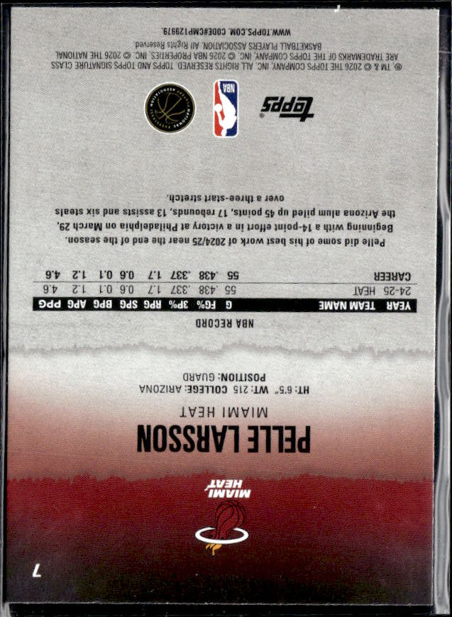 2025-26 Topps Signature Class #7 Pelle Larsson - baksida