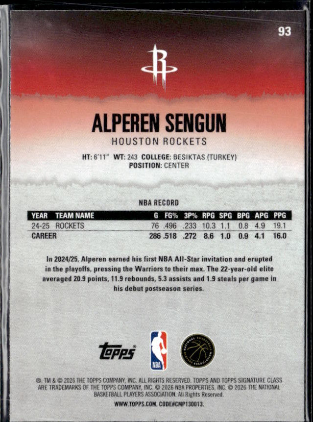 2025-26 Topps Signature Class #93 Alperen Sengun - baksida