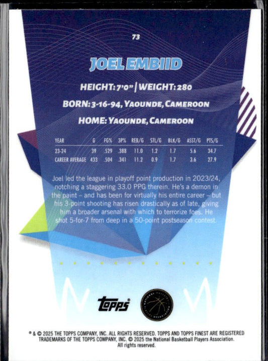 2024-25 Finest #73 Joel Embiid - baksida