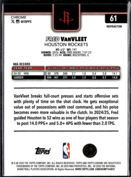 2025-26 Topps Chrome Update #61 Fred VanVleet - baksida