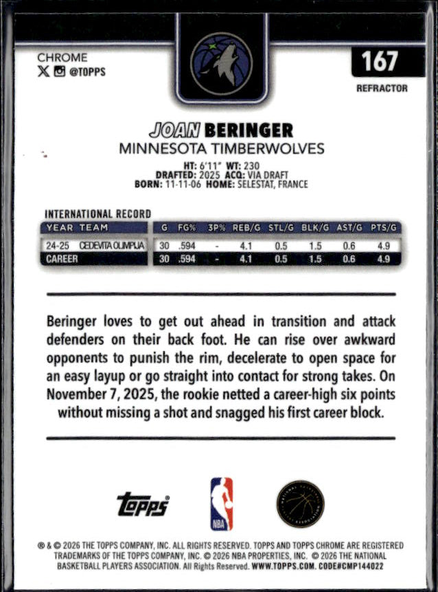 2025-26 Topps Chrome Update #167 Joan Beringer - baksida