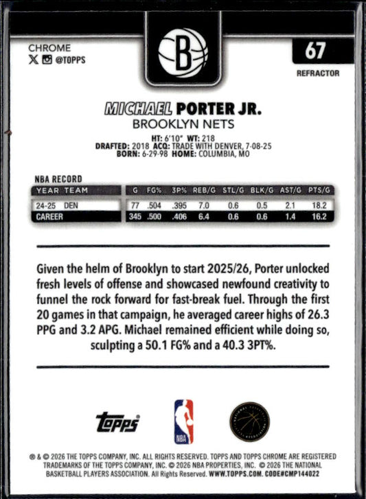2025-26 Topps Chrome Update #67 Michael Porter Jr. - baksida