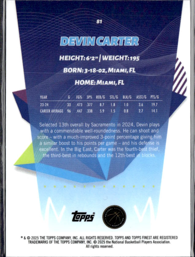 2024-25 Finest #284 Devin Carter - baksida