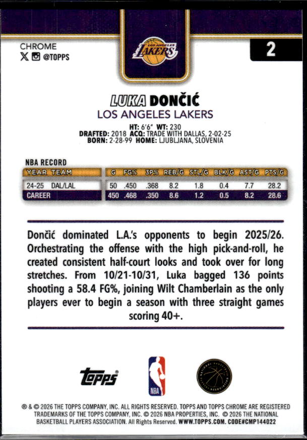 2025-26 Topps Chrome Update #2 Luka Dončić - baksida