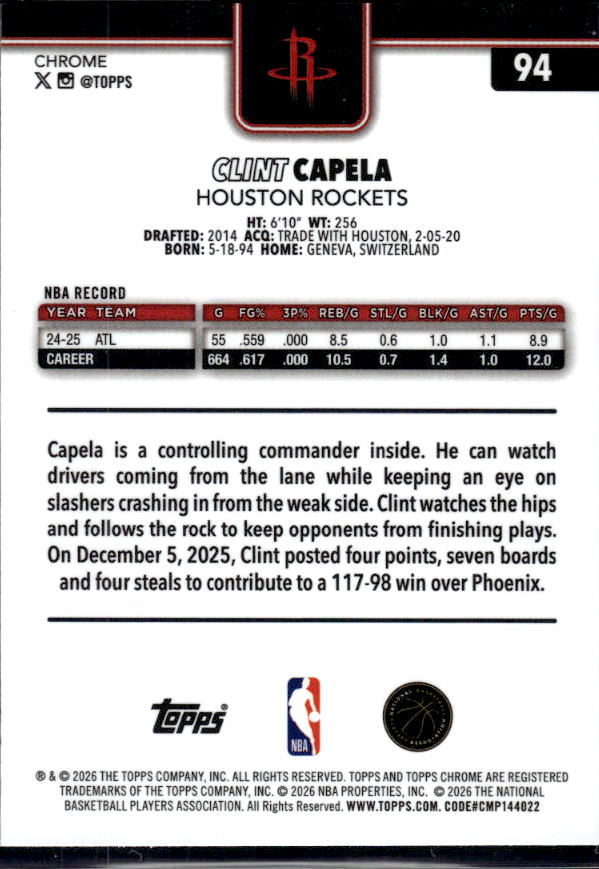 2025-26 Topps Chrome Update #94 Clint Capela - baksida