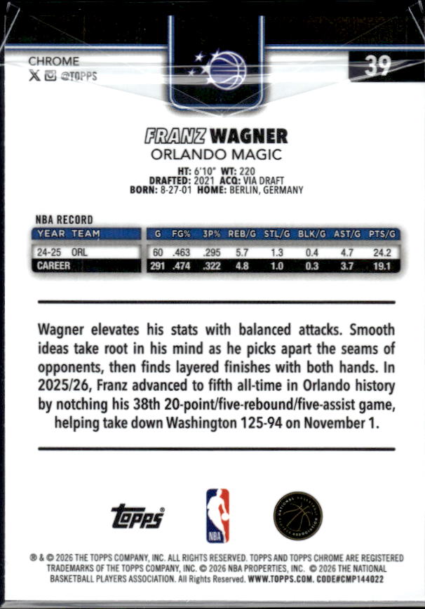 2025-26 Topps Chrome Update #39 Franz Wagner - baksida