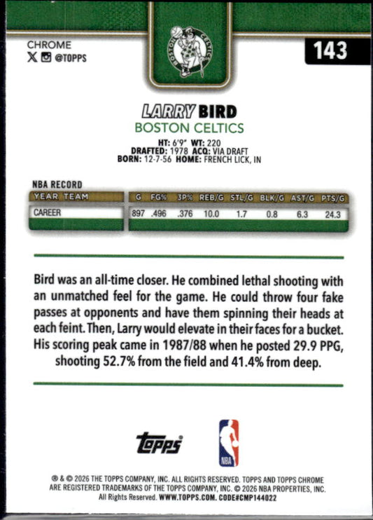 2025-26 Topps Chrome Update #143 Larry Bird - baksida