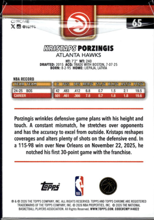 2025-26 Topps Chrome Update #65 Kristaps Porzingis - baksida