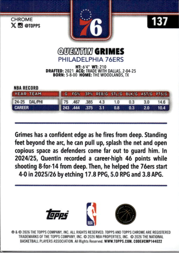 2025-26 Topps Chrome Update #137 Quentin Grimes - baksida