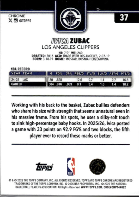 2025-26 Topps Chrome Update #37 Ivica Zubac - baksida