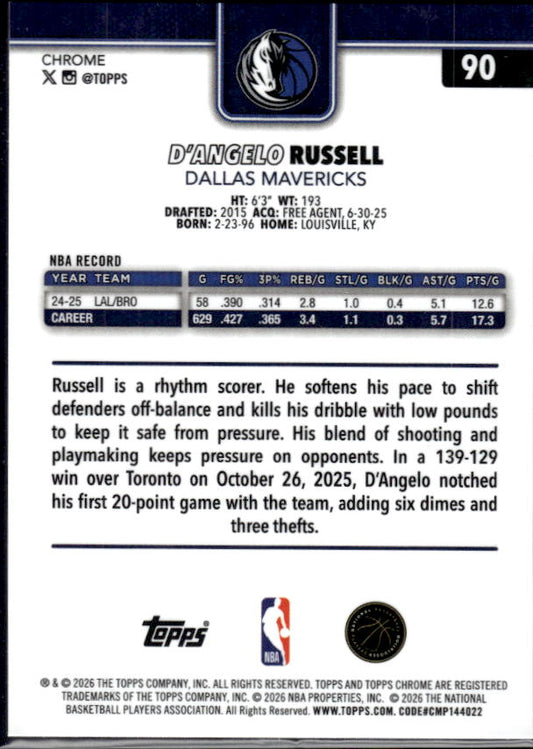 2025-26 Topps Chrome Update #90 D’Angelo Russell - baksida