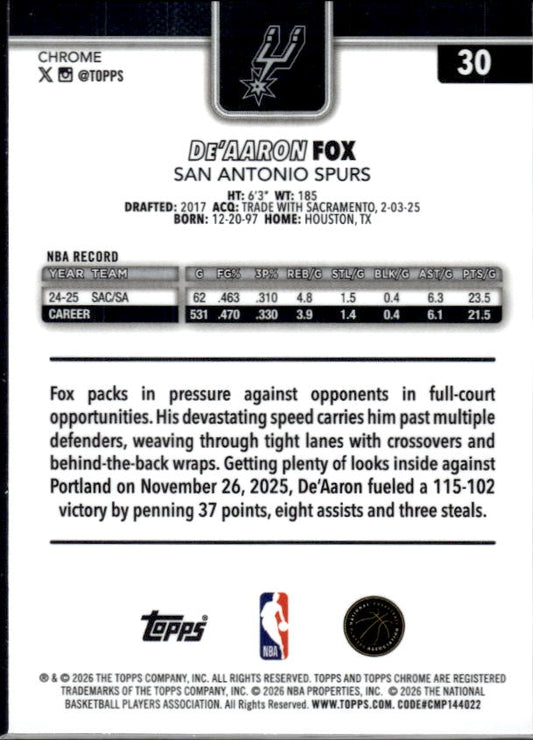 2025-26 Topps Chrome Update #30 De’Aaron Fox - baksida
