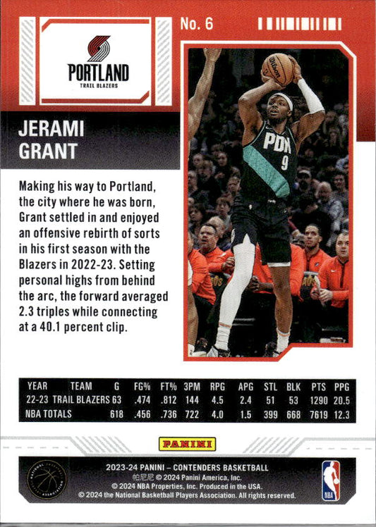 2023-24 Panini Contenders #6 Jerami Grant Season Ticket Premium Edition - baksida