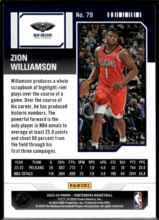 2023-24 Panini Contenders #79 Zion Williamson Season Ticket Premium Edition - baksida